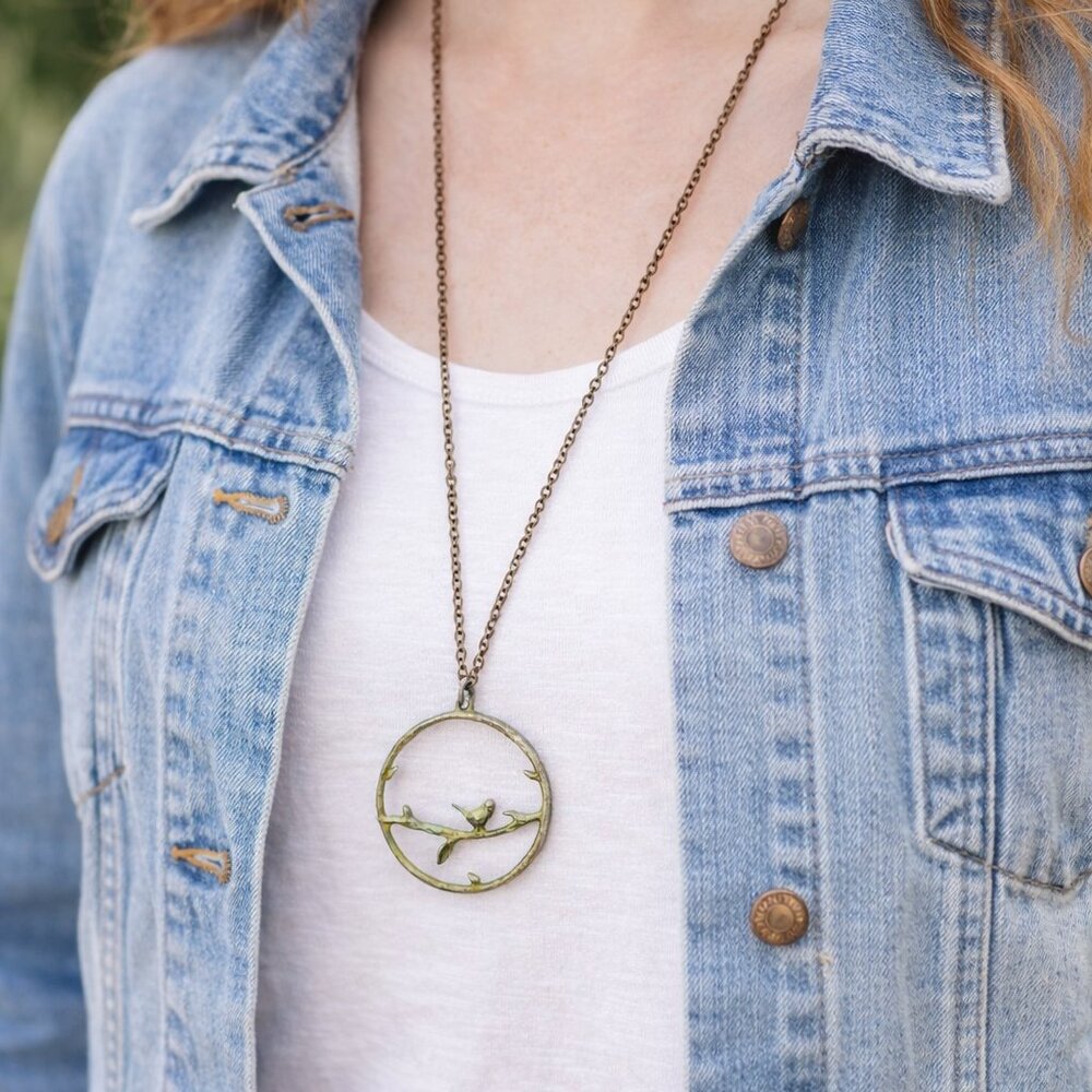 Long Brass Patina Bird Pendant Necklace | Nature Inspired Statement Jewelry